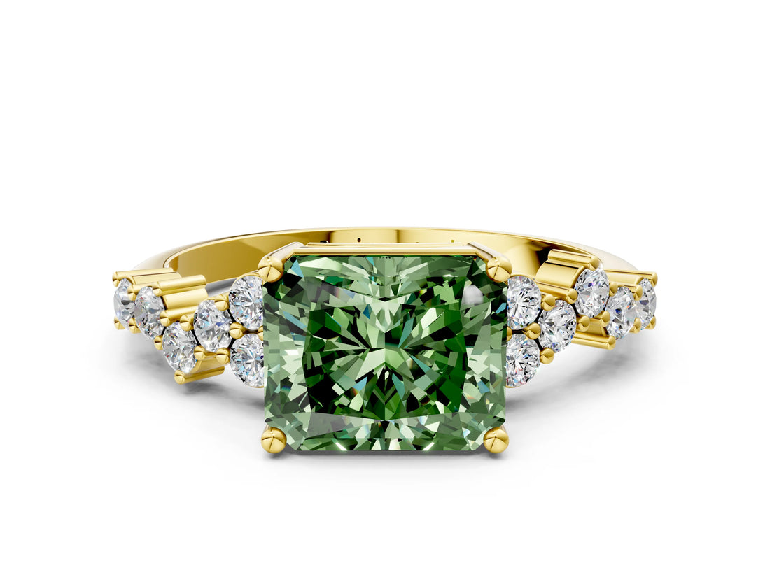 Yellow gold Fancy Green Radiant Cut Diamond Scattered Round Accent Ring with Prong Setting_12