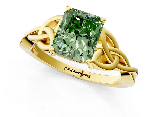 Yellow gold Fancy Green Radiant Cut Diamond Solitaire Celtic Knot Ring with Four-Prong Setting