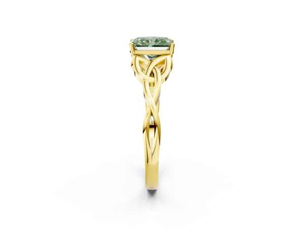 Yellow gold Fancy Green Radiant Cut Diamond Solitaire Celtic Knot Ring with Four-Prong Setting