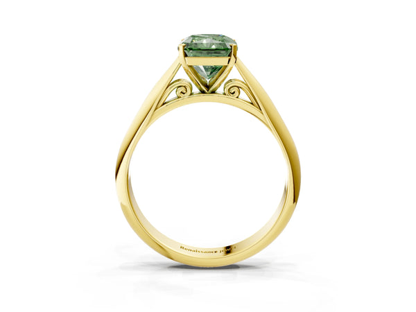 Yellow Gold Radiant Cut Solitaire Cathedral Engagement Ring Setting for Fancy Green Center