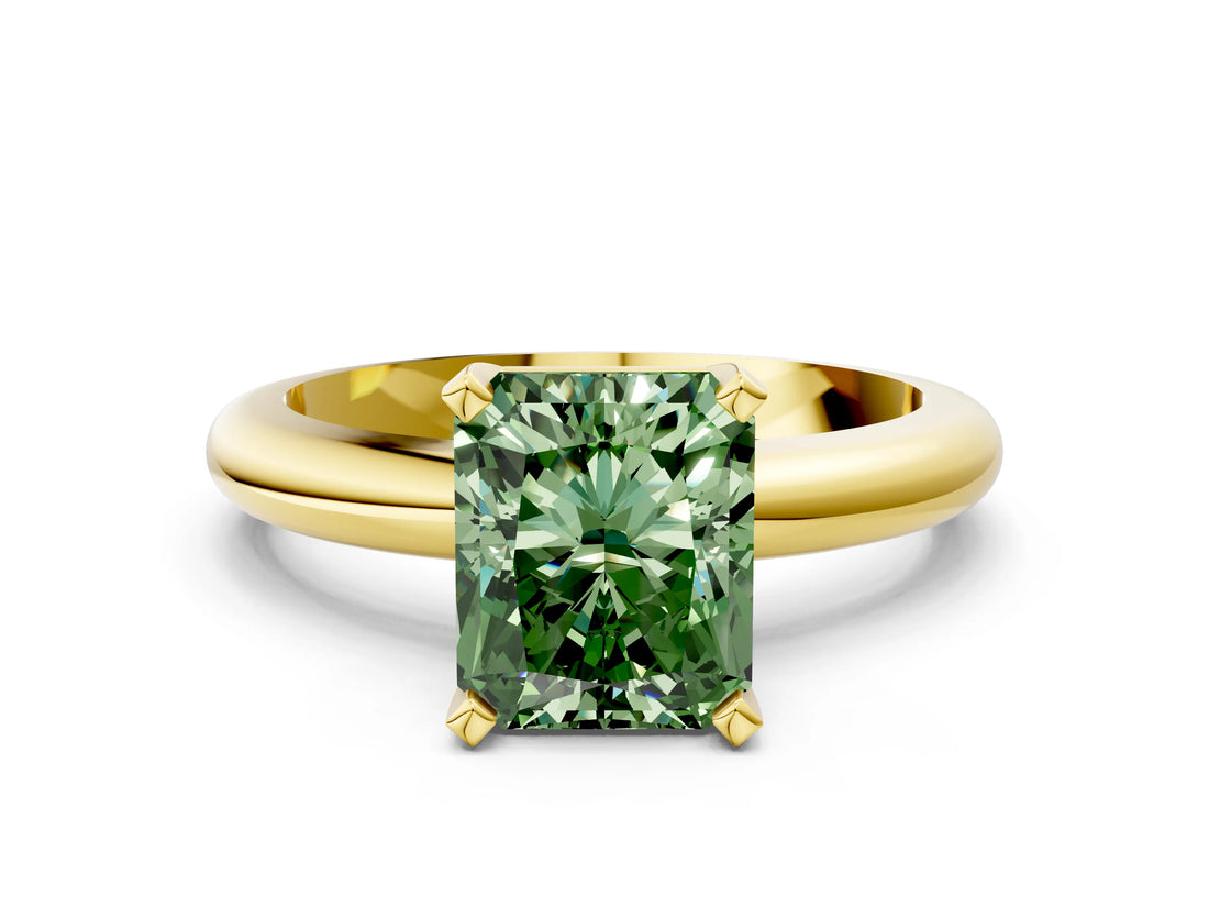 Yellow gold Fancy Green Radiant Cut Diamond Solitaire Engagement Ring with Round Band and Four-Prong Setting_170