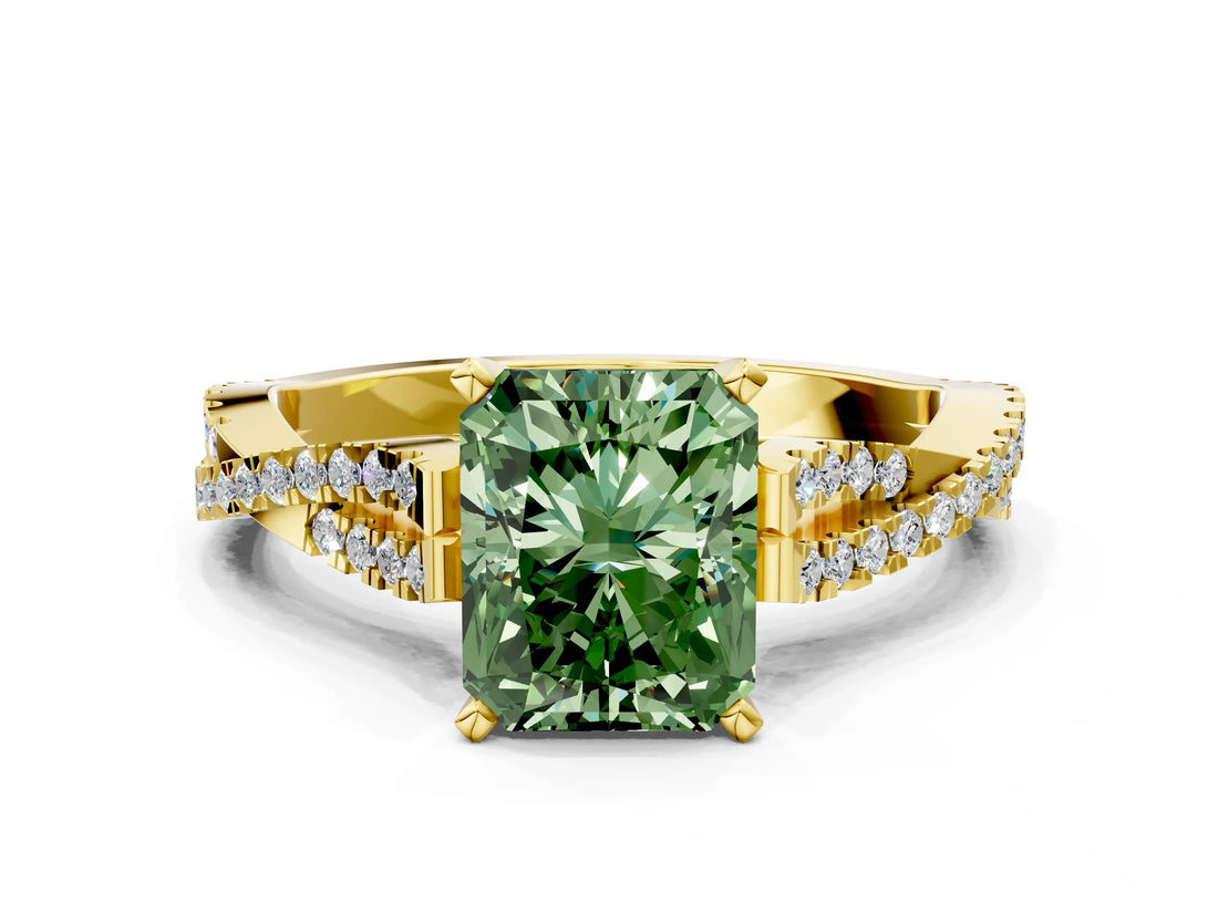 Yellow gold Fancy Green Radiant Cut Diamond Solitaire Engagement Ring with Twisted Pavé Band and Four-Prong Setting_44
