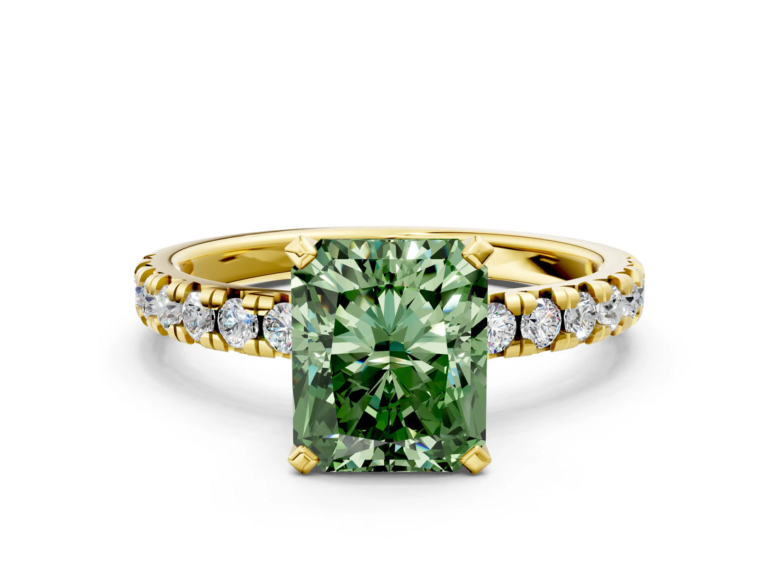 Yellow gold Fancy Green Radiant Cut Diamond Solitaire Pavé Engagement Ring with Round Band and Prong Setting_74