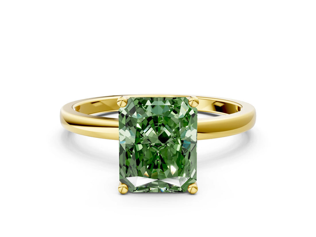 Yellow gold Fancy Green Radiant Cut Diamond Solitaire Ring with Classic Band and Four-Prong Setting