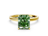 Yellow gold Fancy Green Radiant Cut Diamond Solitaire Ring with Classic Band and Four-Prong Setting