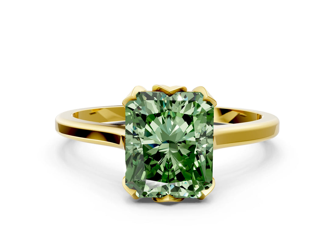 Yellow gold Fancy Green Radiant Cut Diamond Solitaire Ring with Flower Prong Setting and Classic Band_36