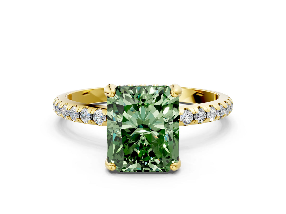 Yellow gold Fancy Green Radiant Cut Diamond Solitaire Ring with Four-Prong Setting and Pavé Band_3