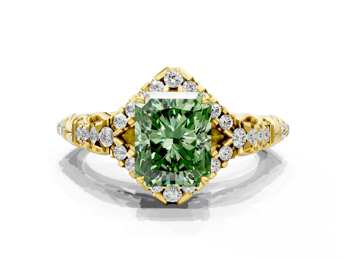 Yellow gold Fancy Green Radiant Cut Diamond Solitaire Ring with Hidden Halo and Pavé Band_27