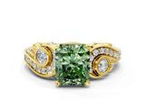Yellow gold Fancy Green Radiant Cut Diamond Solitaire Ring with Milgrain Pavé Band and Four-Prong Setting_153