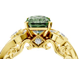 Yellow gold Fancy Green Radiant Cut Diamond Solitaire Ring with Milgrain Pavé Band and Four-Prong Setting_157