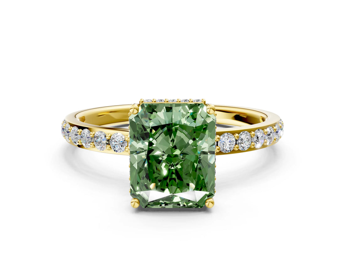 Yellow gold Fancy Green Radiant Cut Diamond Solitaire Ring with Pavé Band and Hidden Halo_20