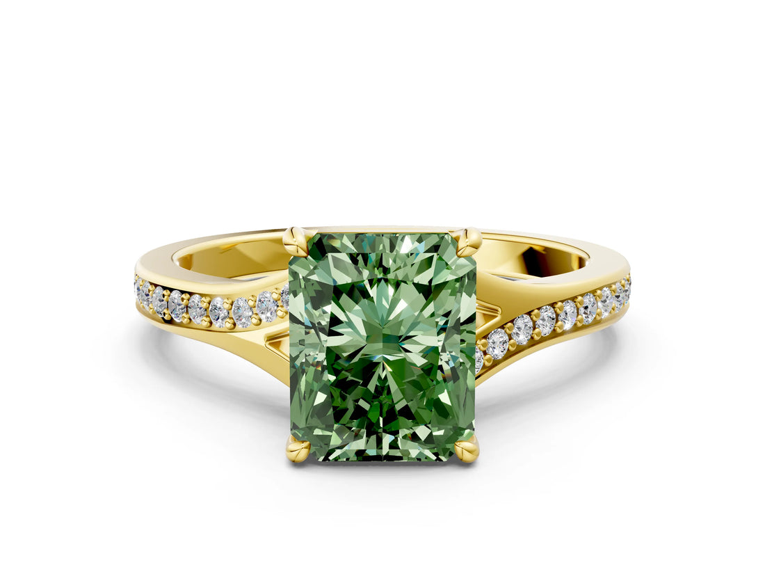 Yellow gold Fancy Green Radiant Cut Diamond Solitaire Ring with Pavé Band and Prong Setting_12