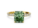Yellow gold Fancy Green Radiant Cut Diamond Solitaire Ring with Pave Band and Four Prong Setting_145