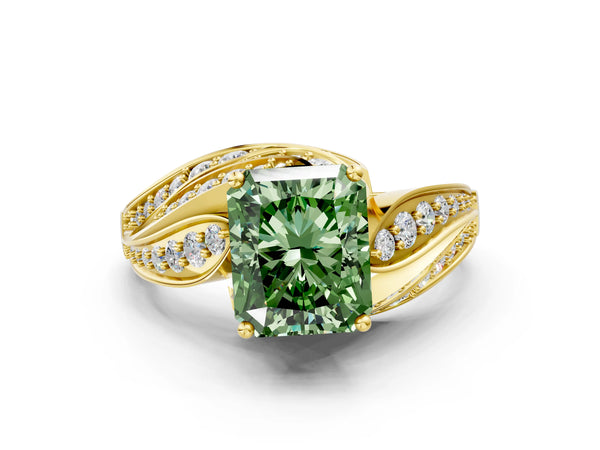 Yellow gold Fancy Green Radiant Cut Diamond Solitaire Ring with Prong Setting and Twisted Pavé Band