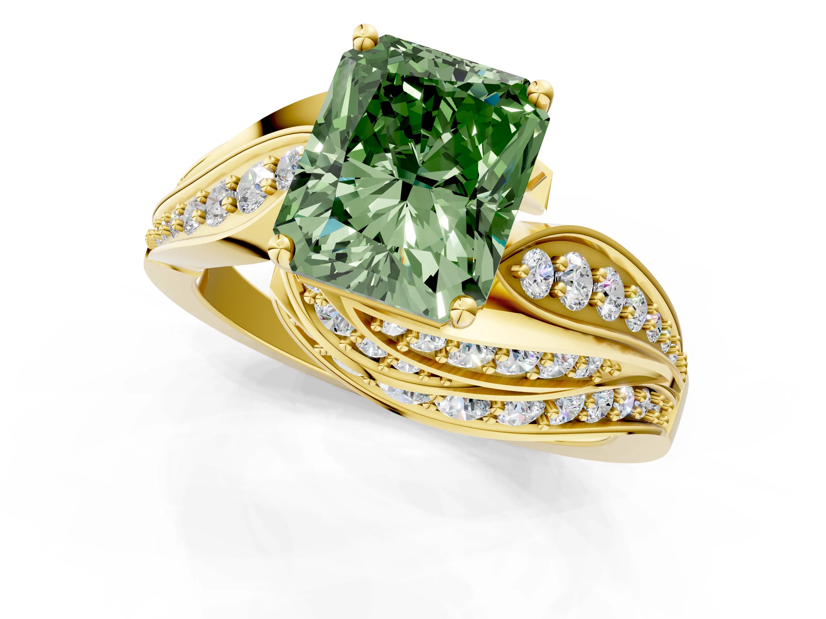 Yellow gold Fancy Green Radiant Cut Diamond Solitaire Ring with Prong Setting and Twisted Pavé Band_1