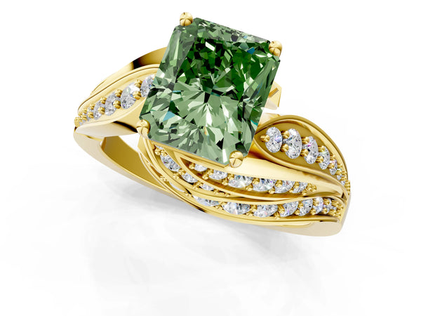 Yellow gold Fancy Green Radiant Cut Diamond Solitaire Ring with Prong Setting and Twisted Pavé Band