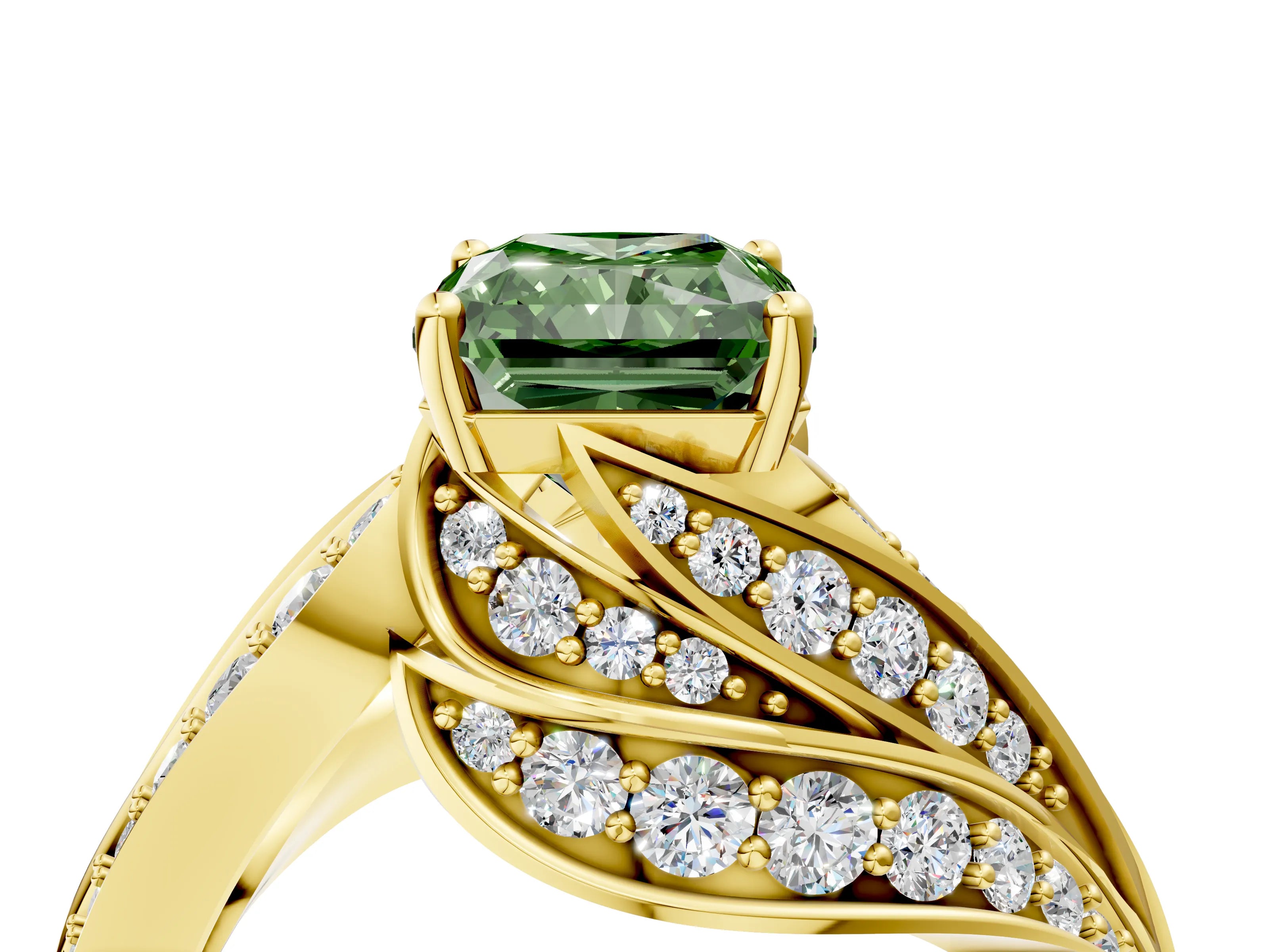 Yellow gold Fancy Green Radiant Cut Diamond Solitaire Ring with Prong Setting and Twisted Pavé Band_4