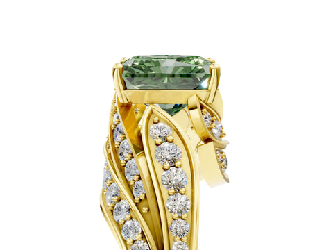 Yellow gold Fancy Green Radiant Cut Diamond Solitaire Ring with Prong Setting and Twisted Pavé Band_5