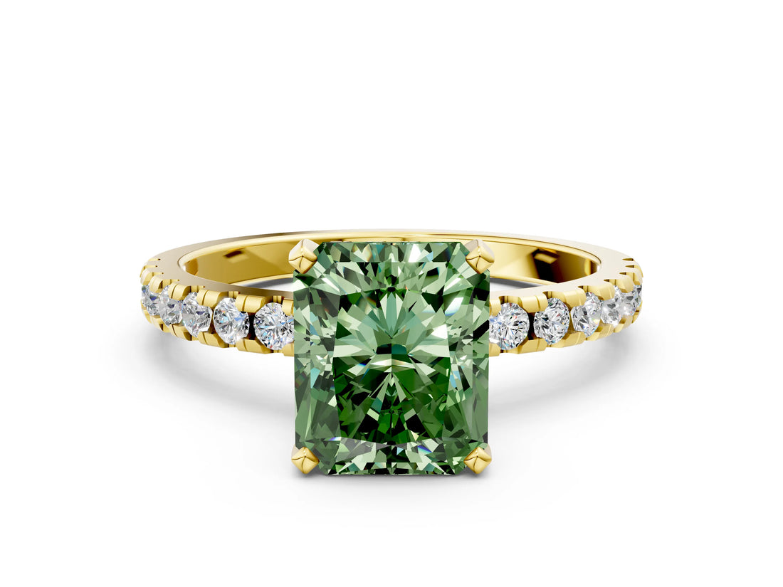 Yellow gold Fancy Green Radiant Cut Diamond Solitaire Ring with Round  Pavé Band and Four-Prong Setting_48