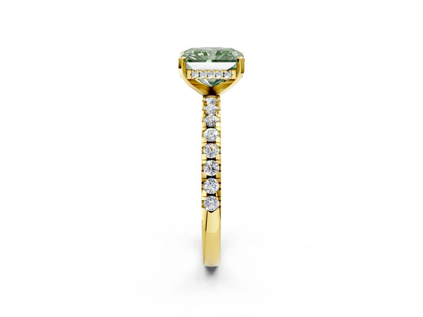 Yellow Gold Radiant Cut Hidden Halo Solitaire Engagement Ring Setting for Fancy Green Center with Single Row Pave Band