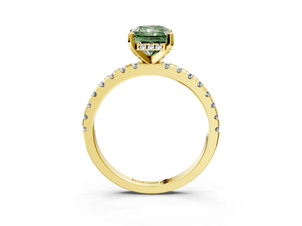 Yellow Gold Radiant Cut Hidden Halo Solitaire Engagement Ring Setting for Fancy Green Center with Single Row Pave Band