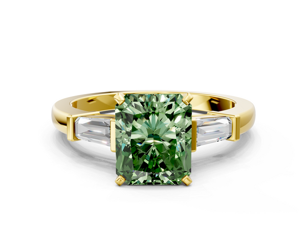 Yellow gold Fancy Green Radiant  Cut Diamond Solitaire Ring with Tapered Baguette Accents and Four-Prong Setting