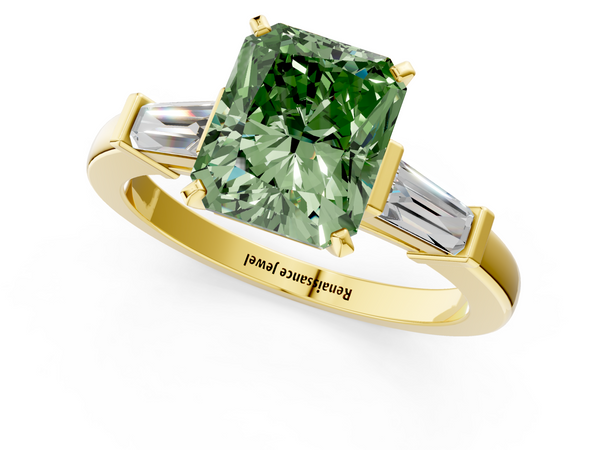 Yellow gold Fancy Green Radiant  Cut Diamond Solitaire Ring with Tapered Baguette Accents and Four-Prong Setting