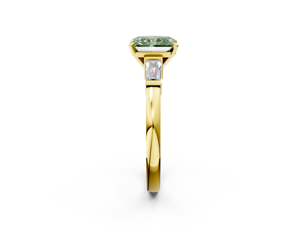 Yellow gold Fancy Green Radiant  Cut Diamond Solitaire Ring with Tapered Baguette Accents and Four-Prong Setting