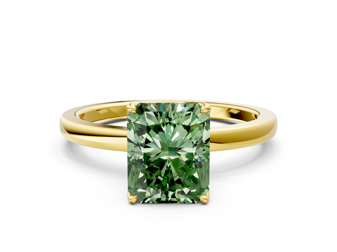 Yellow gold Fancy Green Radiant Cut Diamond Solitaire Ring with Thin Band and Prong Setting_12