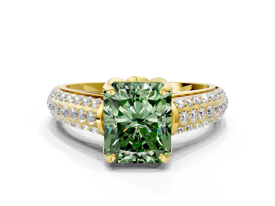 Yellow gold Fancy Green Radiant Cut Diamond Solitaire Ring with Three-Row Pavé Band and Four-Prong Setting_36