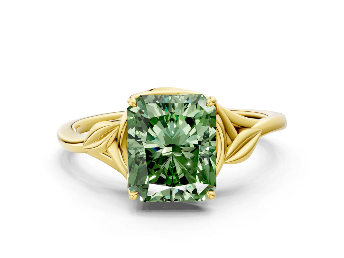 Yellow gold Fancy Green Radiant Cut Diamond Solitaire Ring with Twist Band and Four-Prong Setting_128