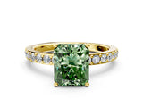 Yellow gold Fancy Green Radiant  Cut Diamond Solitaire with Pave Band and Four-Prong Setting