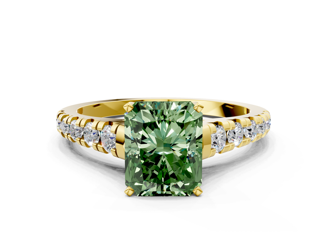 Yellow gold Fancy Green Radiant  Cut Diamond Solitaire with Pave Band and Four-Prong Setting_133