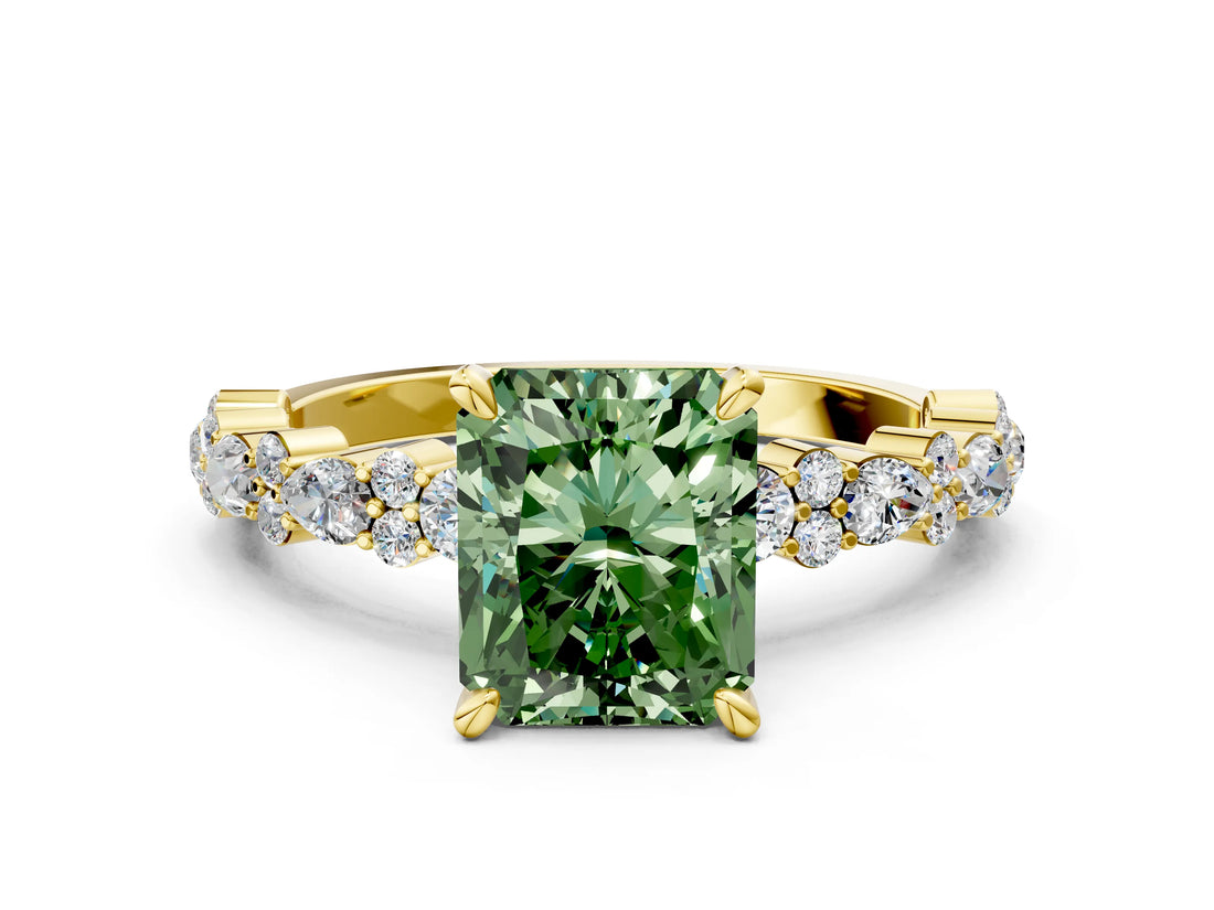 Yellow gold Fancy Green Radiant Cut Diamond Solitaire with Side Stones, Pave Band, Four-Prong Setting_114