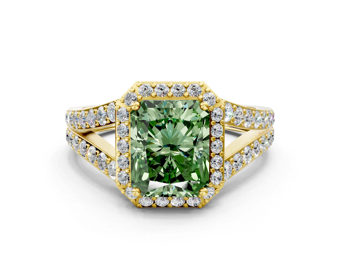Yellow gold Fancy Green Radiant Cut Diamond Split Shank Halo Ring with Four-Prong Setting_58