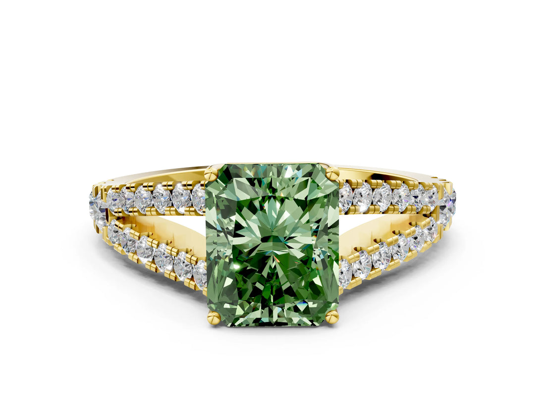 Yellow gold Fancy Green Radiant Cut Diamond Split Shank Pavé Engagement Ring with Four-Prong Setting_60