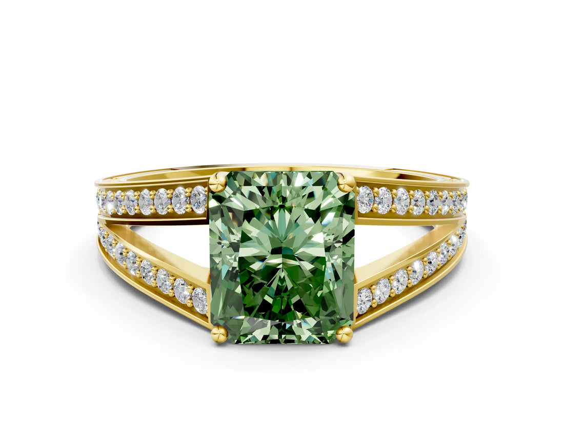 Yellow gold Fancy Green Radiant Cut Diamond Split Shank Ring with Pavé Band and Four-Prong Setting_58
