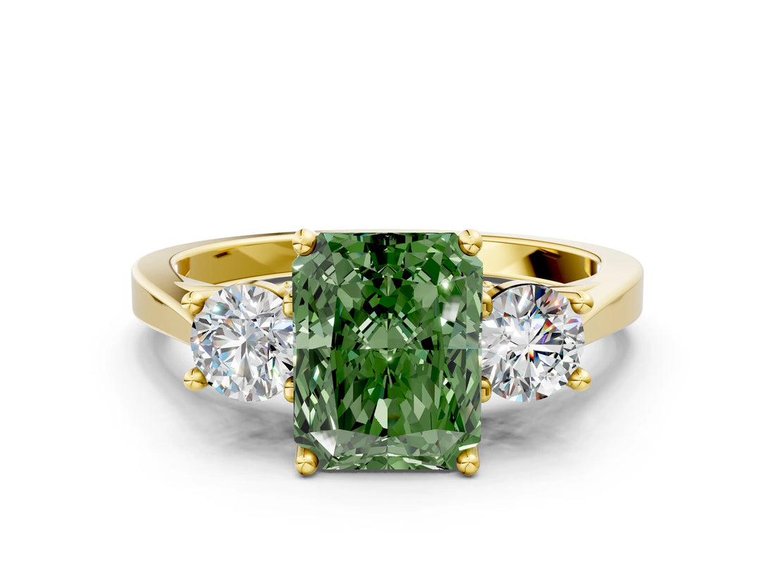 Yellow gold Fancy Green Radiant Cut Diamond Three-Stone Engagement Ring with Prong Setting and Pavé Band