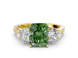 Yellow gold Fancy Green Radiant Cut Diamond Three-Stone Engagement Ring with Prong Setting and Pavé Band
