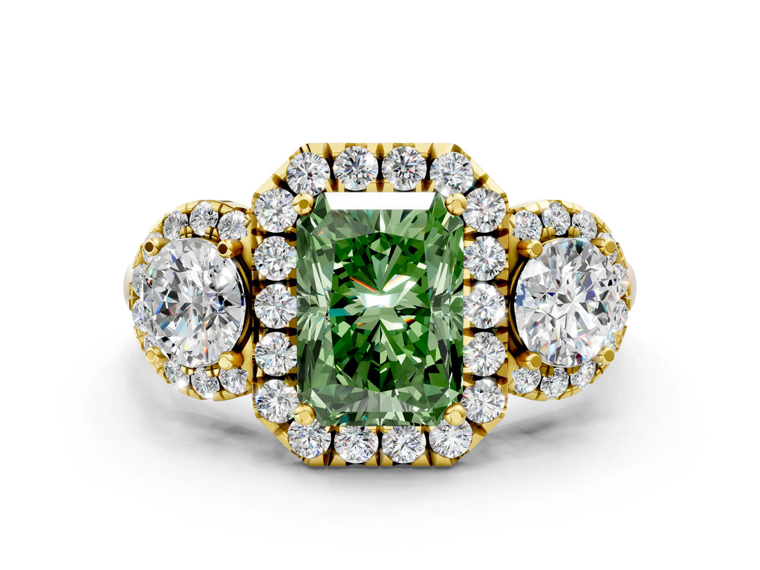 Yellow gold Fancy Green Radiant Cut Diamond Three-Stone Halo Ring with Prong Setting and Pavé Accents