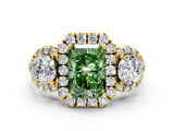 Yellow gold Fancy Green Radiant Cut Diamond Three-Stone Halo Ring with Prong Setting and Pavé Accents