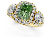 Yellow gold Fancy Green Radiant Cut Diamond Three-Stone Halo Ring with Prong Setting and Pavé Accents_1