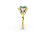 Yellow gold Fancy Green Radiant Cut Diamond Three-Stone Halo Ring with Prong Setting and Pavé Accents_2