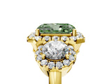 Yellow gold Fancy Green Radiant Cut Diamond Three-Stone Halo Ring with Prong Setting and Pavé Accents_5