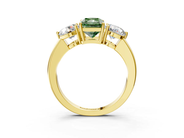 Yellow gold Fancy Green Radiant Cut Diamond Three-Stone Ring with Prong Setting and Classic Band