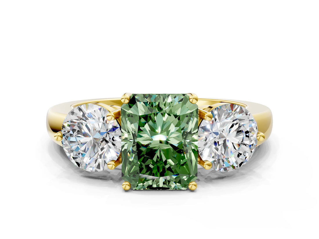 Yellow gold Fancy Green Radiant Cut Diamond Three-Stone Ring with Prong Setting and Classic Band_98
