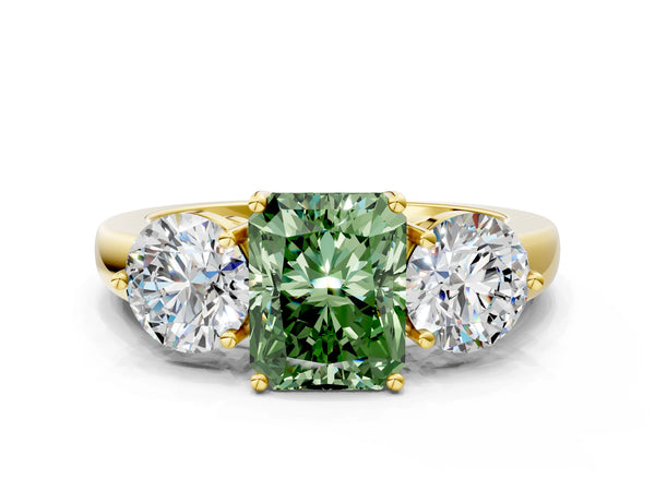 Yellow gold Fancy Green Radiant Cut Diamond Three-Stone Ring with Prong Setting and Classic Band