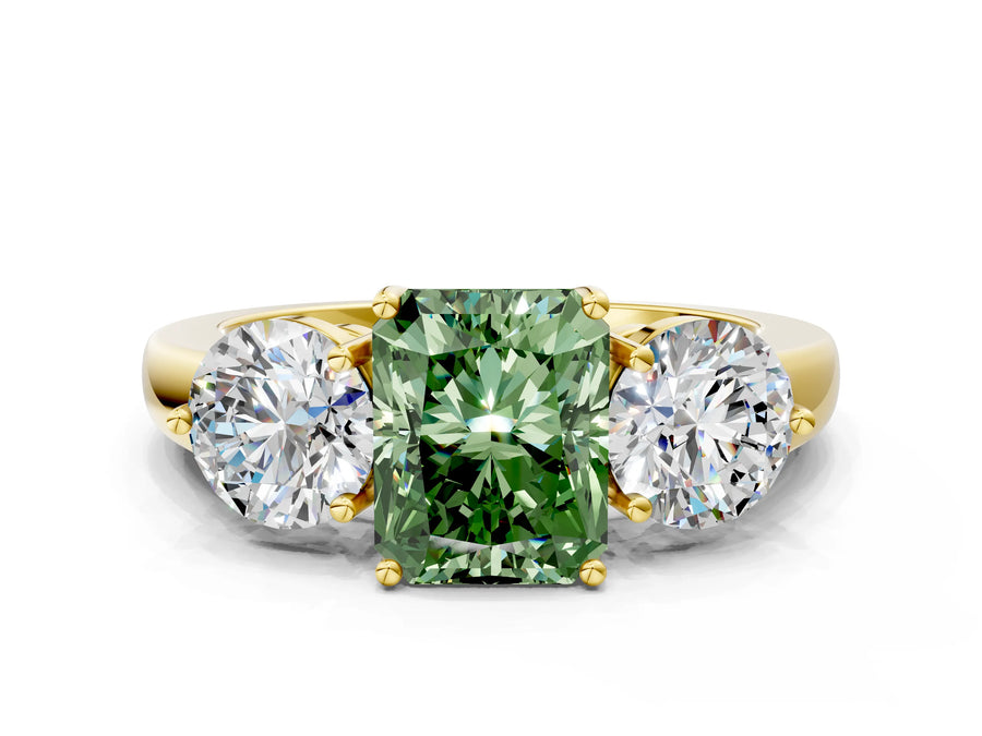 Yellow gold Fancy Green Radiant Cut Diamond Three-Stone Ring with Prong Setting and Classic Band