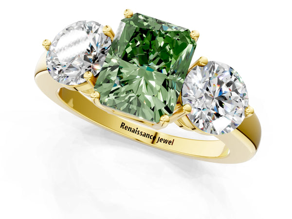 Yellow gold Fancy Green Radiant Cut Diamond Three-Stone Ring with Prong Setting and Classic Band