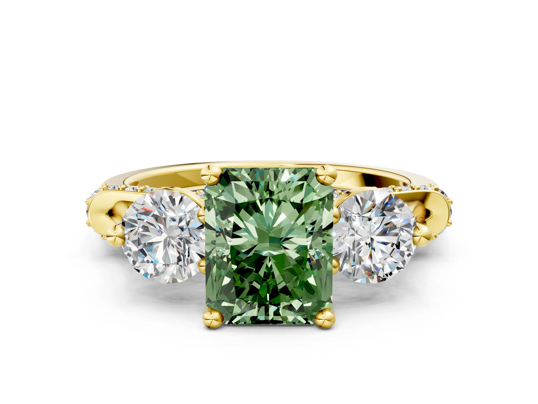 Yellow gold Fancy Green Radiant Cut Diamond Three-Stone Ring with Prong Setting and Pavé Band